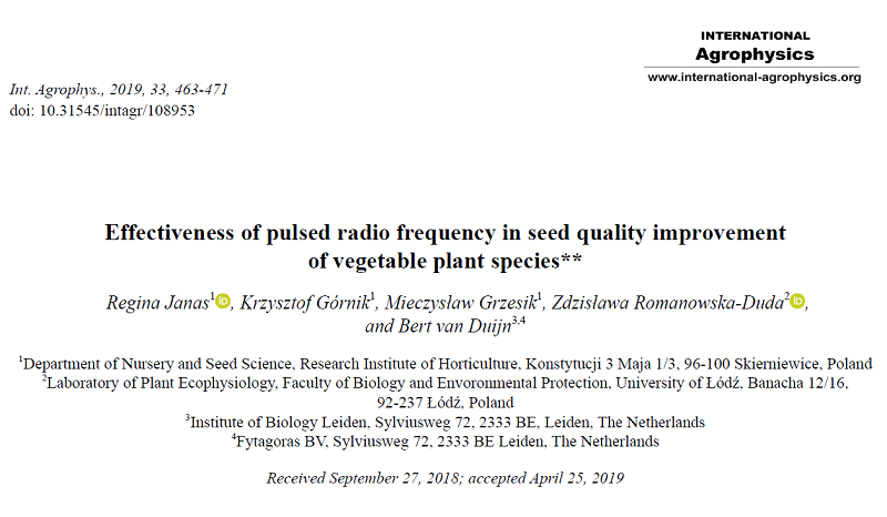 Promising results in application of Pulsed Radio Frequency on seed quality improvement